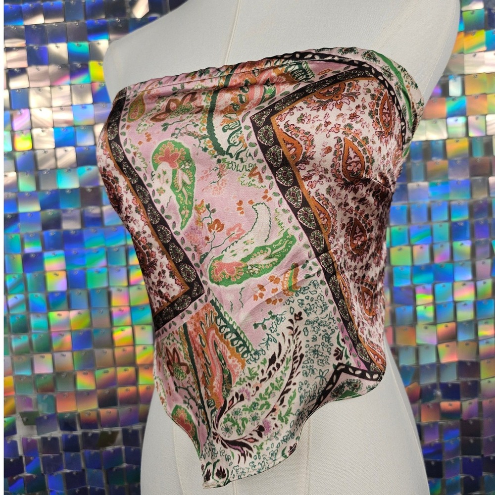 Cider Paisley Handkerchief Tube Top Womens XS Pink Y2K Clubcore Tie Back Satin - Picture 2 of 7